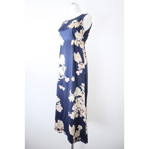 Shun Da Chinese 100% Silk Floral Printed Midi Dress Navy Blue Cream - Picture 4 of 12